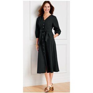Talbots Plus 16W Black Cotton Poplin Button Front Shirt Dress Tie Waist Midi